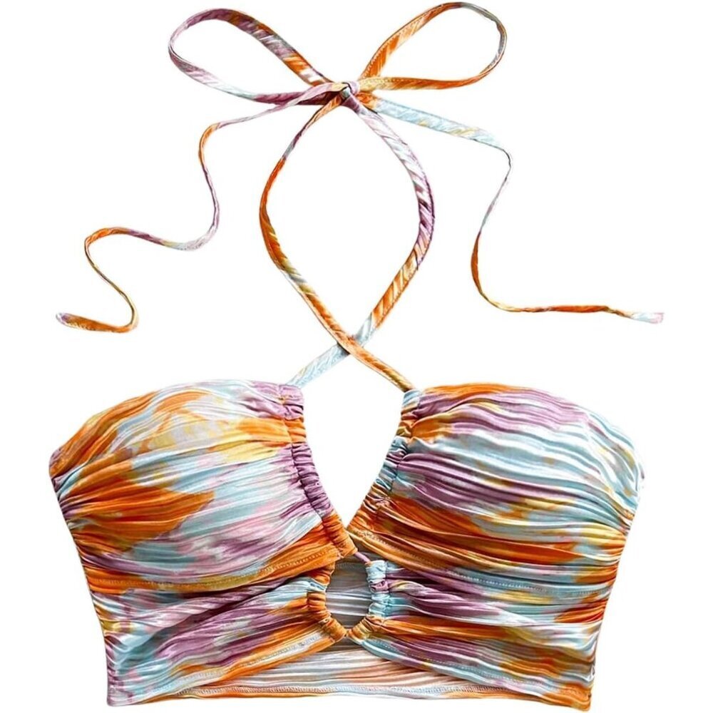 Women's Floral Tie Dye Halter Crop Top Boho Cutout Sleeveless Festival Wear